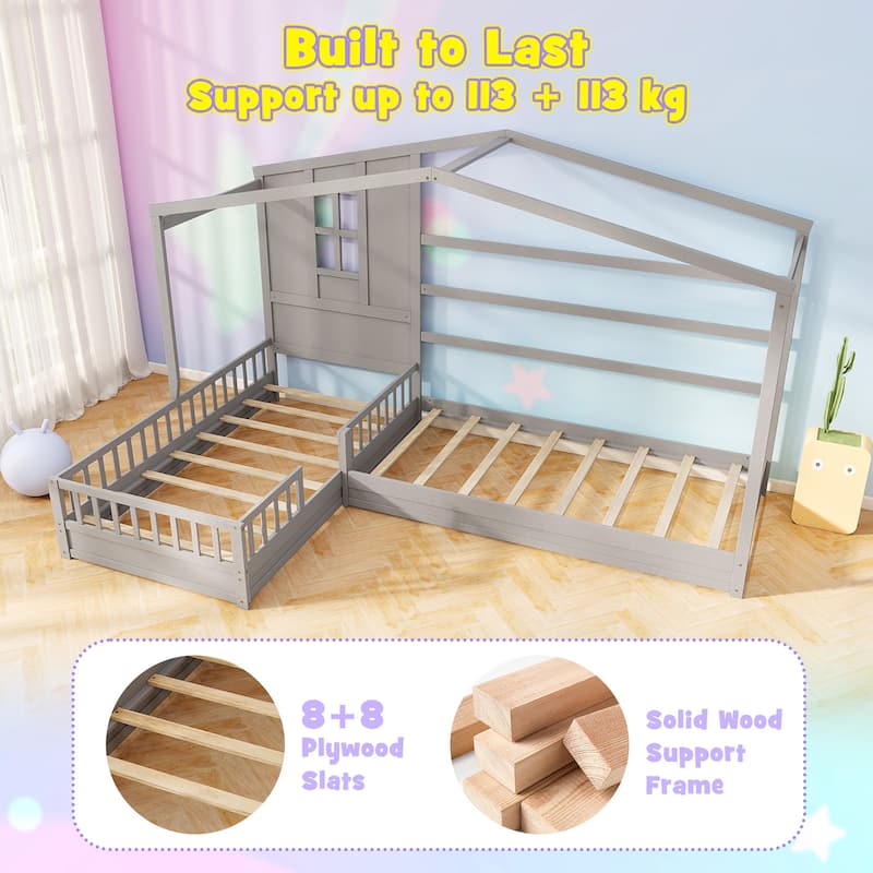 Gymax L-shaped Double Twin Beds House Platform Beds w/ Window & Fences
