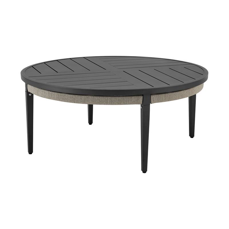 Hosa 42 Inch Outdoor Coffee Table, Black Round Slatted Top, Gray Rope Apron
