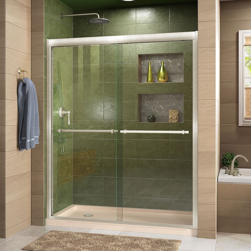 DreamLine Duet 32 in. D x 60 in. W x 74 3/4 in. H Bypass Sliding Shower Door and Shower Base Kit - 32" x 60" - Biscuit Base    
