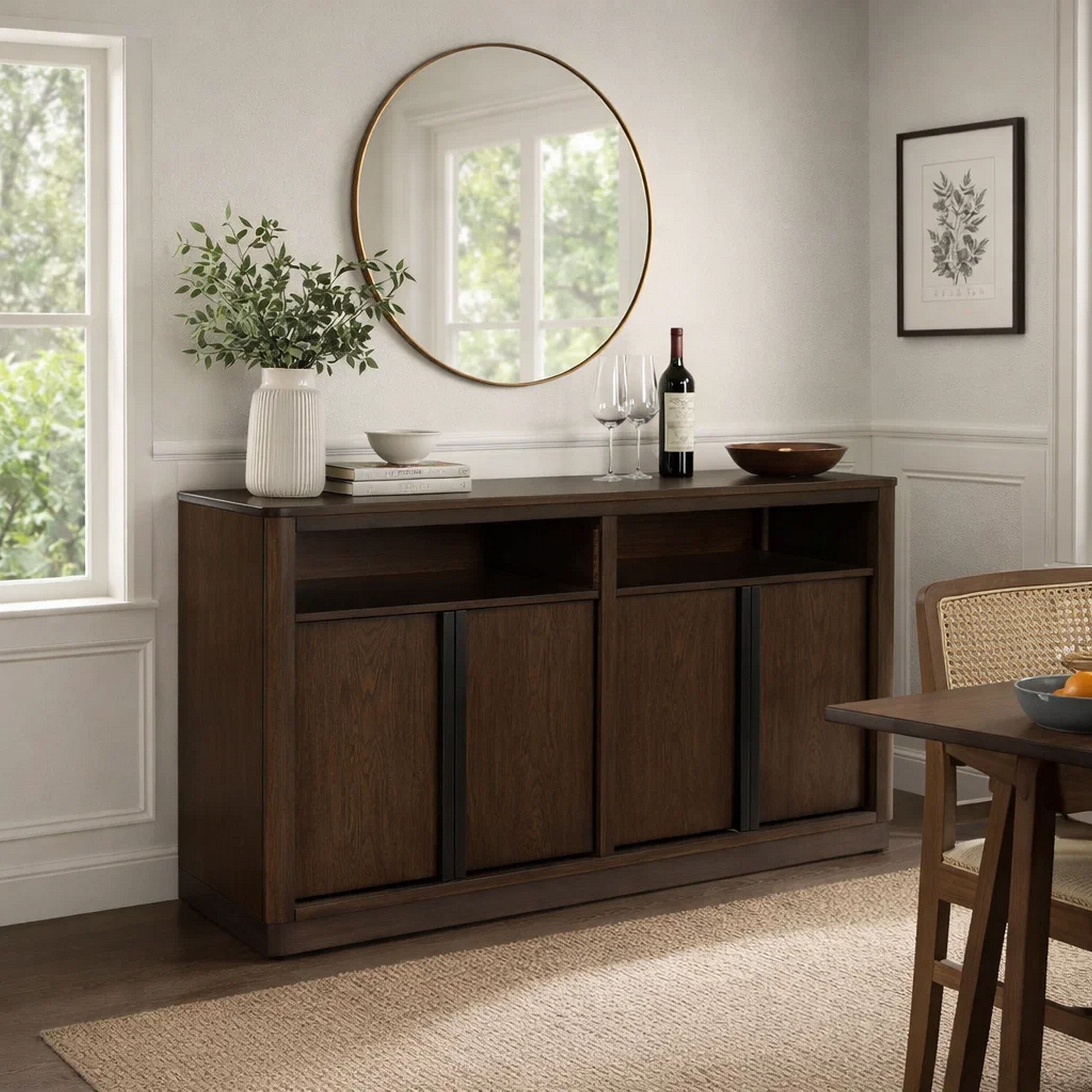 Benjara Buffet Server, 4 Cabinet Doors w 2 Open Shelves, Dark Brown 60 ...
