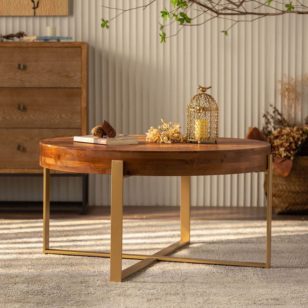 33.86" Modern Round Coffee Table Metal & Wood Splicing Round Coffee Table,Fir Wood Table Top With Gold Cross Legs Base