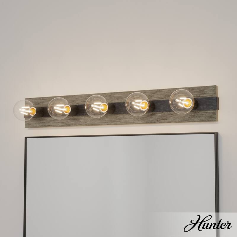 Hunter Donelson Vanity Wall Light - Rustic, Farmhouse - Damp Rated! - 30" - 5 Light - Brushed Iron-Barnwood