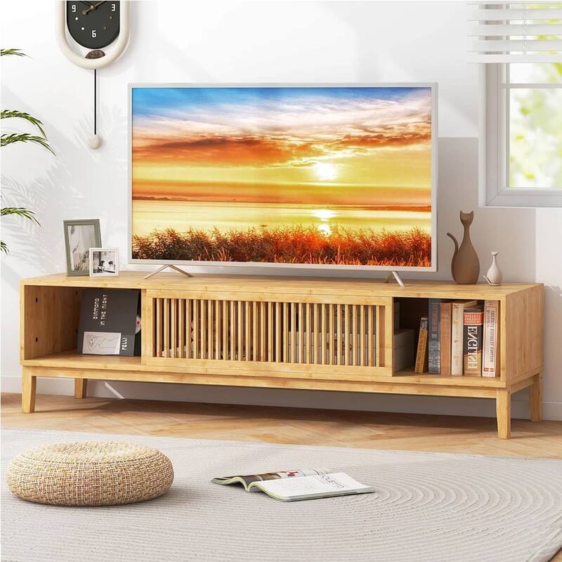TV Stand for TVs up to 65 Inches W/ Sliding Slatted Doors Natural - 55 inches