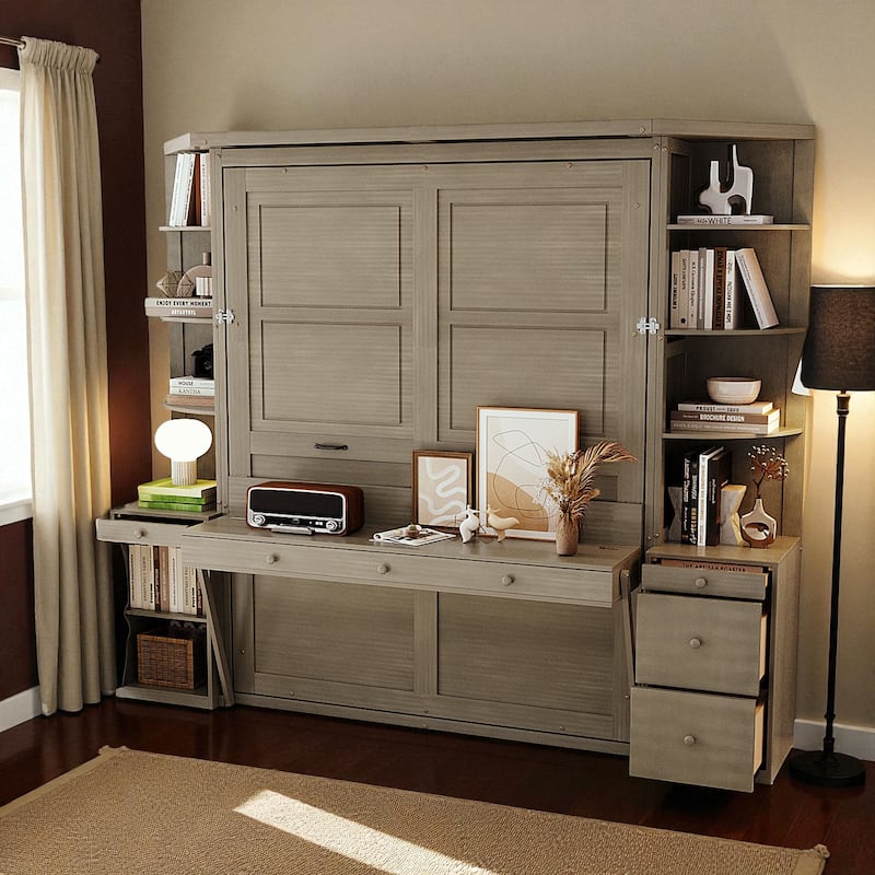 Queen Murphy Bed with Desk, Storage Shelves and Cabinets, Hidden Wall Bed for Home Office Space Saving Furniture