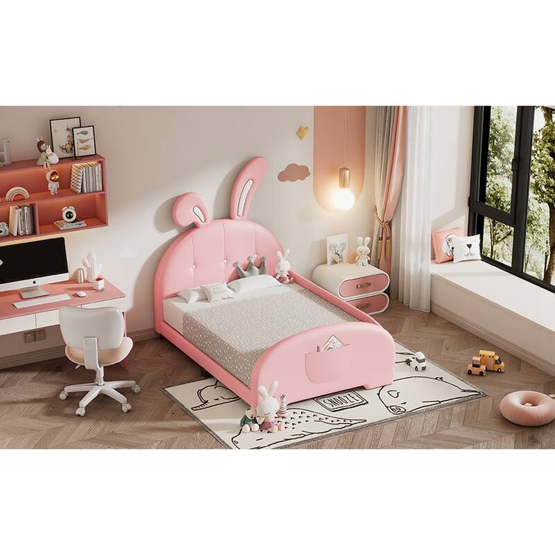 Twin size Upholstered Bed with Rabbit-Shape Headboard and Footboard