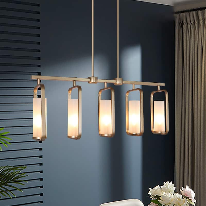 Siya Modern 5-Light Gold Linear Metal Chandelier with Frosted Glass for Kitchen Island Dimmable Pendant Lights