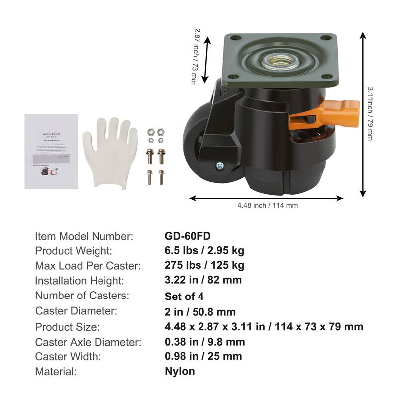UIMOSO Leveling Casters, 4-Pack Heavy Duty 360° Swivel Caster Wheels Hold up to 1100 lbs Load, 2 inches Caster Diameter
