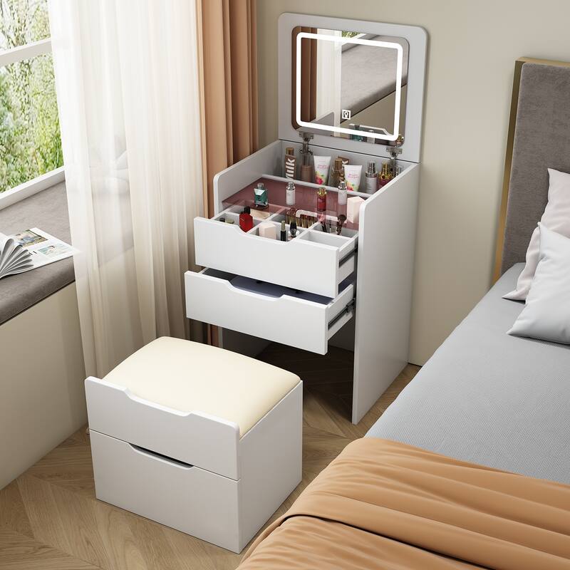 3 in 1 Vanity Desk with Plip Top Mirror,Small Make Up Vanity Set with Visible Glass Desktop,3 Drawers,Cushioned Tool