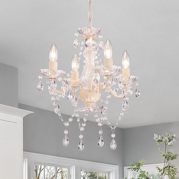 White Mini Crystal Chandelier – 4-Light Acrylic Pendant Fixture, Adjustable Chain, For Bedroom, Dining Room, Nursery & Small Spaces