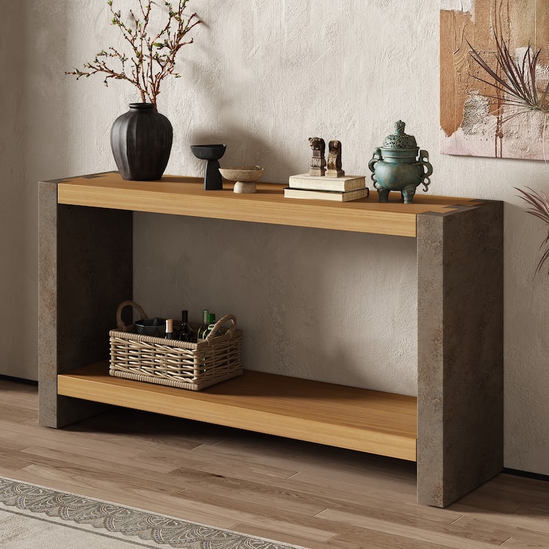 Industrial Console Table - Classic Minimalist Design with Premium Wood Veneer and Distressed Finish - Brown