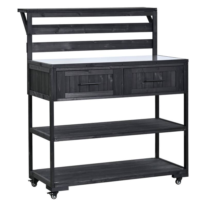 Solid Wood 62.3'' Patio Kitchen Island Kitchen Cart with Stainless Table Top, Garden Potting Bench with Raised Shelf and Drawers