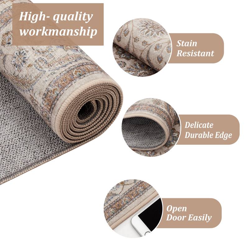 Washable Area Rugs for Living Room Stain Resistant Carpet Vintage Rugs Bedroom Low Pile Non Slip Accent Carpet