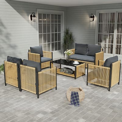 6-Piece Outdoor PE Rattan Patio Furniture Set with Removable Cushions and Coffee Table, Waterproof Wicker Conversation Set
