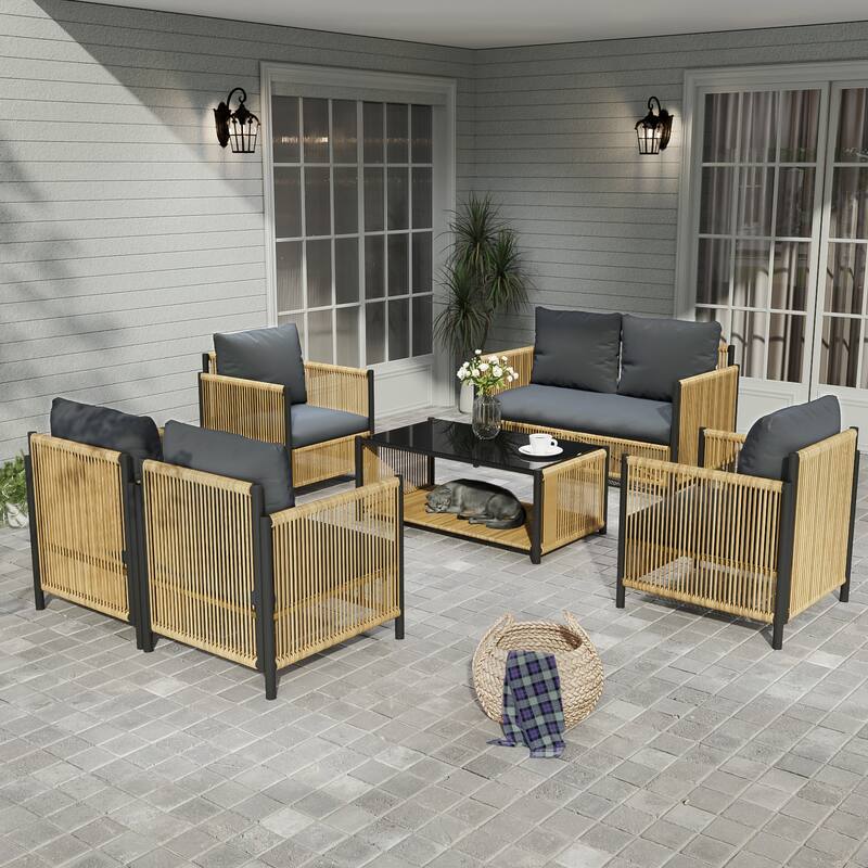 6-Piece Outdoor PE Wicker Sofa Set with Grey Cushions and Coffee Table, Modern Handwoven Patio Sectional for Garden or Porch - Black Brown