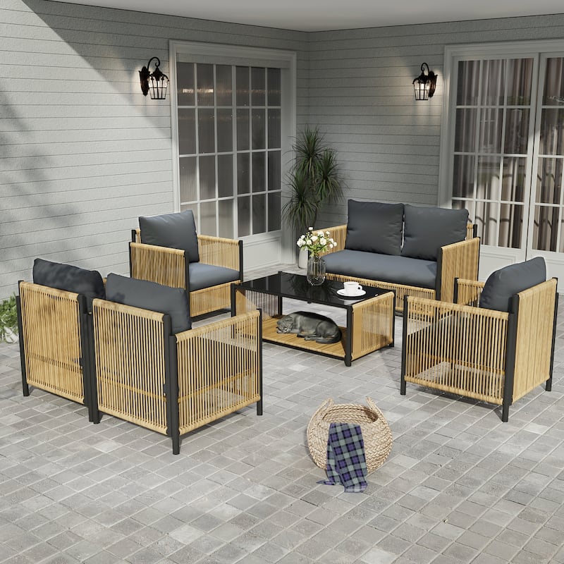 New Comming Patio 6 Pieces Brown PE Wicker Sofa Set with Grey Cushion