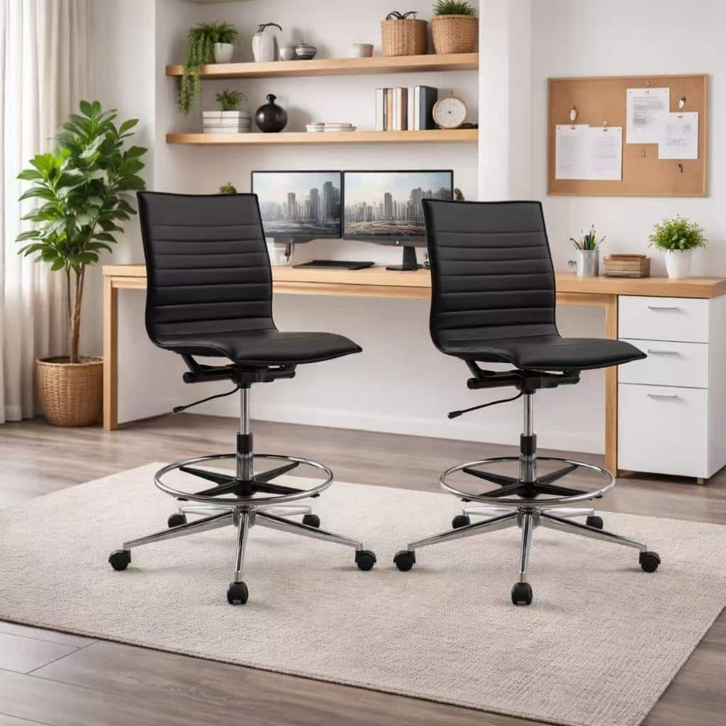 Set of 2 Modern Drafting Chair Upholstered PU Leather Ribbed Armless Mid Back with High Adjustable Base & Leg Rest