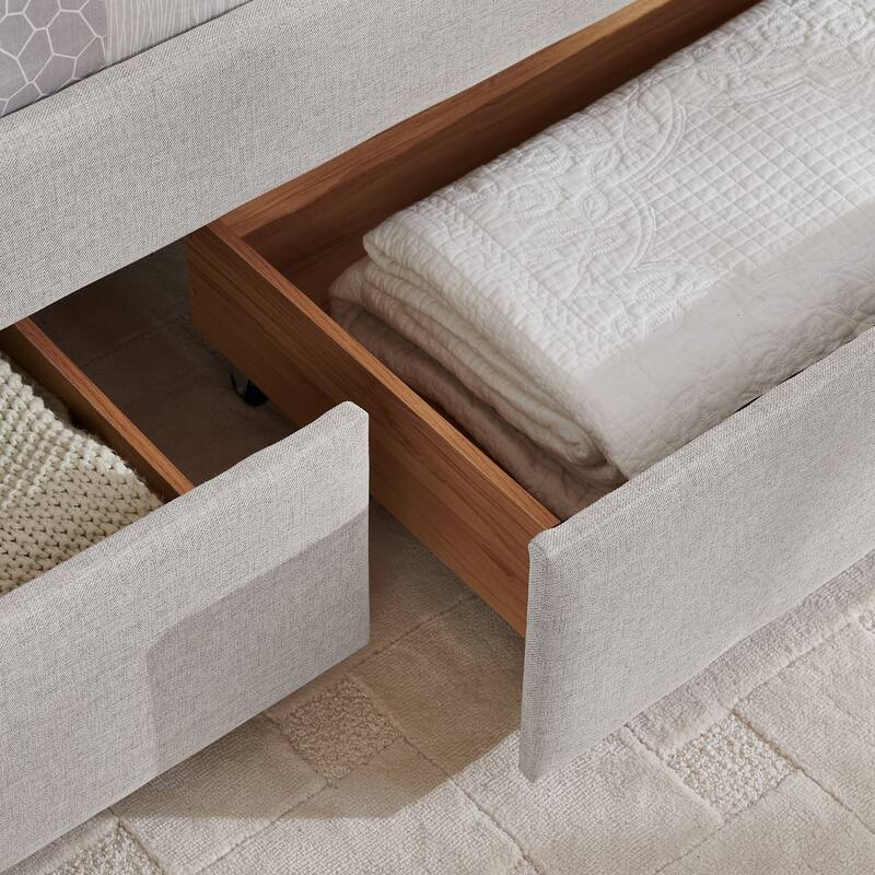 Queen Size Linen Upholstered Daybed with 2 Storage Drawers and Trundle