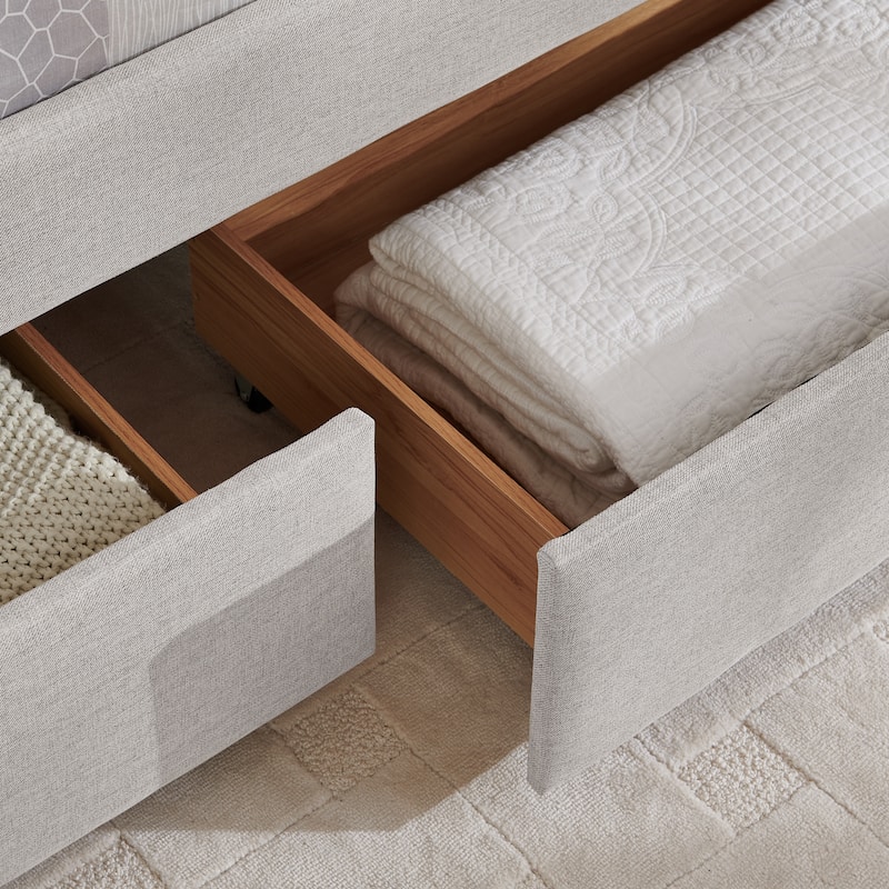 Roomfitters Queen Upholstered Daybed with Trundle and Storage Drawers, Vertical Striped Linen Sofa Bed