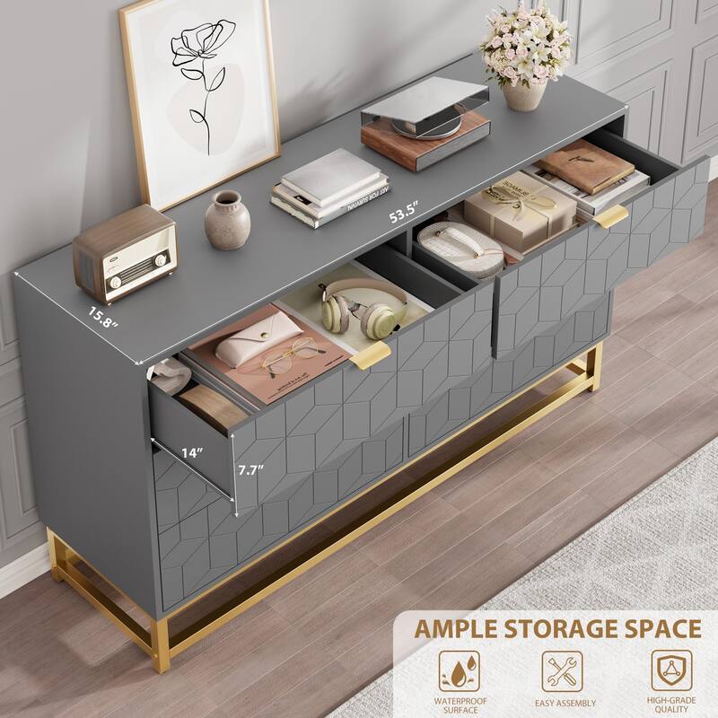 53.5" Modern 6-Drawer Dresser with Metal Legs, Wide Storage Chest of Drawers for Bedroom, Living Room, Entryway