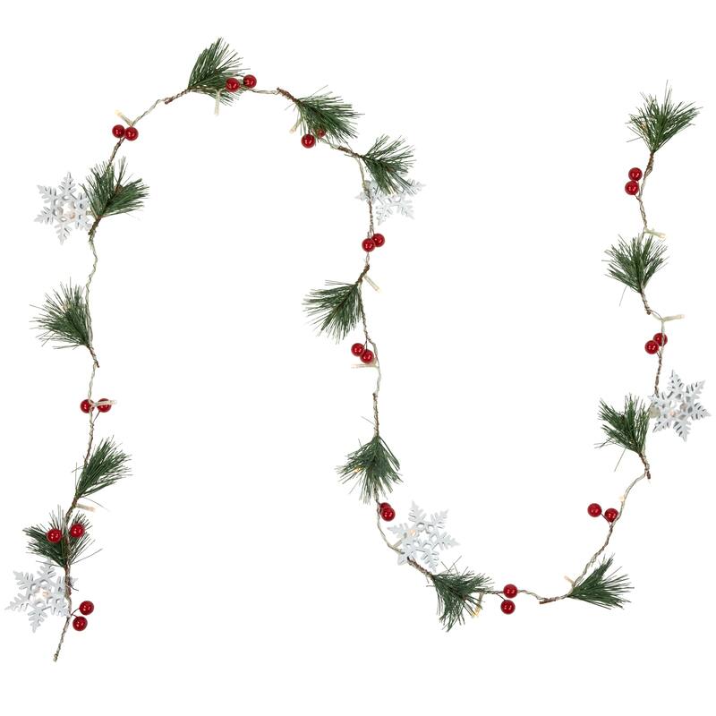 20ct LED Pine Berry Snowflake Garland Light Set 6ft Clear Wire