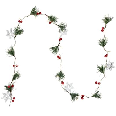 20ct LED Pine Berry Snowflake Garland Light Set 6ft Clear Wire