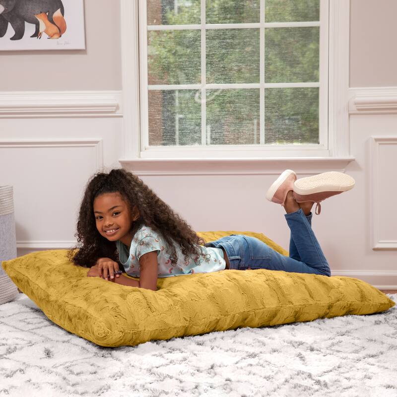 Raven-Symoné Home Pillow Saxx Jr Crash Puff, Giant Floor Pillow & Synthetic Fur Bean Bag Lounger - Synthetic Fur Gold