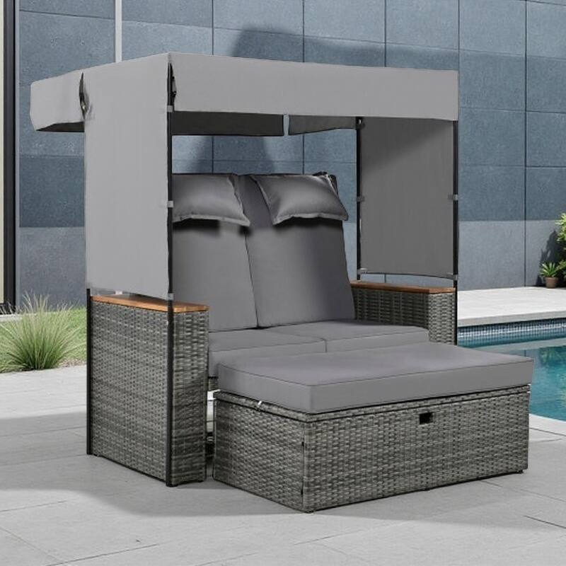 2-Piece Outdoor Rattan Daybed Set with Adjustable Canopy and Cushions, 5 Reclining Positions and Hidden Storage Bench