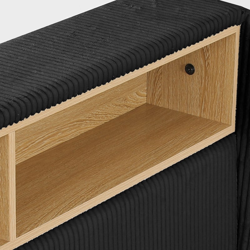 Moasis Corduroy Upholstered Platform Bed Frame with Charging Station and RGB LED Lights
