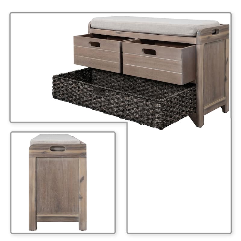 Modern Farmhouse Style Wooden Bench with 2 Drawers and a Woven Storage Basket
