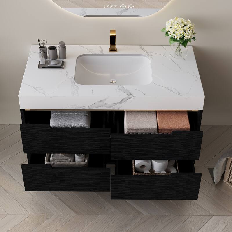 35.4" Farmhouse Floating Bathroom Vanity - Sintered Stone Top with Undermount Sink, 4 Drawers, Wall-Mounted