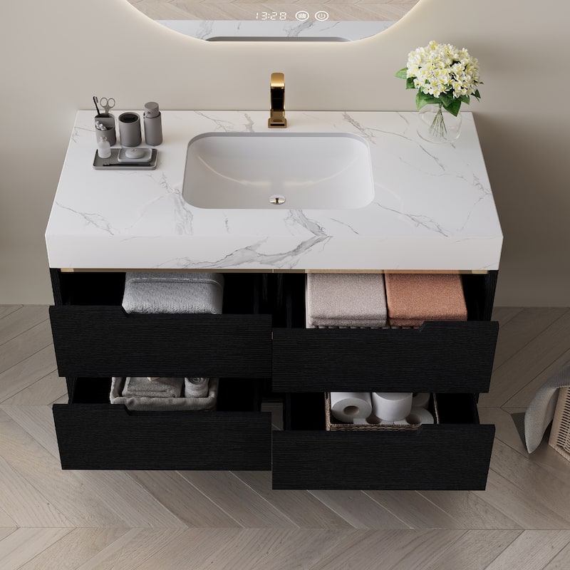 GDFStudio - Luxury 35.4" Versatile Floating/Freestanding Sintered Stone Bathroom Vanity with Ceramic Sink & Soft-Close Drawers