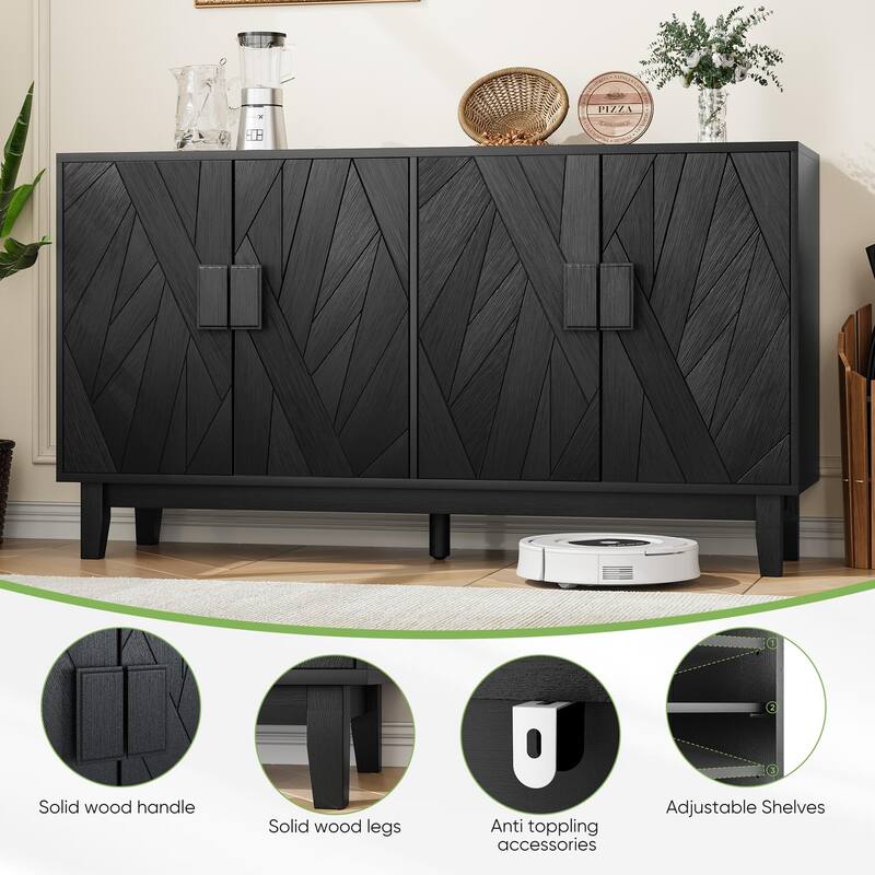 Roomfitters Modern Sideboard Buffet Cabinet with Geometric Textured Doors, 4-Door Storage Credenza Organizer, Black