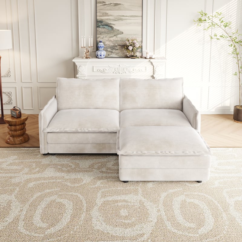 75" Corduroy Sectional Sofa with Ottoman, 2-Seater