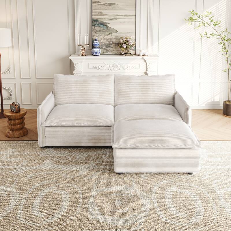 Deep Seating L-shaped Sectional Sofa with Chaise Lounge Modular Sofa Corduroy Upholstered Loveseat with Ottoman and Pillows