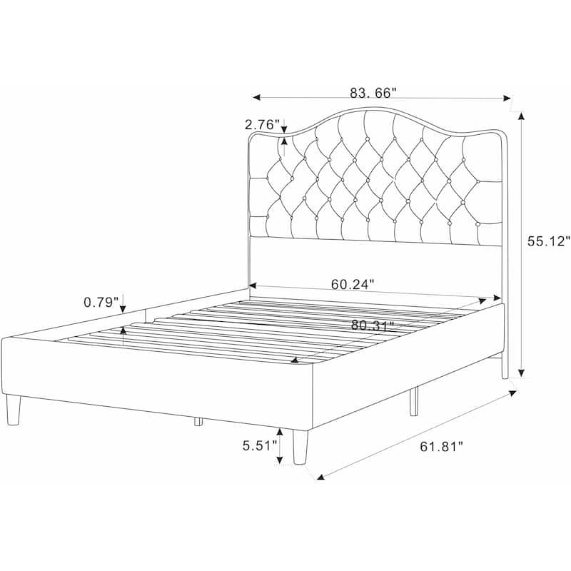 Upholstered Queen Bed Frame with Tufted Headboard and Wooden Legs