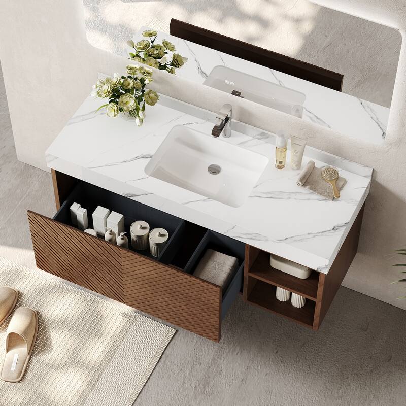 48" Modern Floating Single Bathroom Vanities with Sink, Brown or Natural wood, 2 Drawers