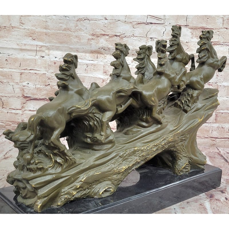 Eight Running Imitative Horses Bronze Sculpture On Marble Base By Milo