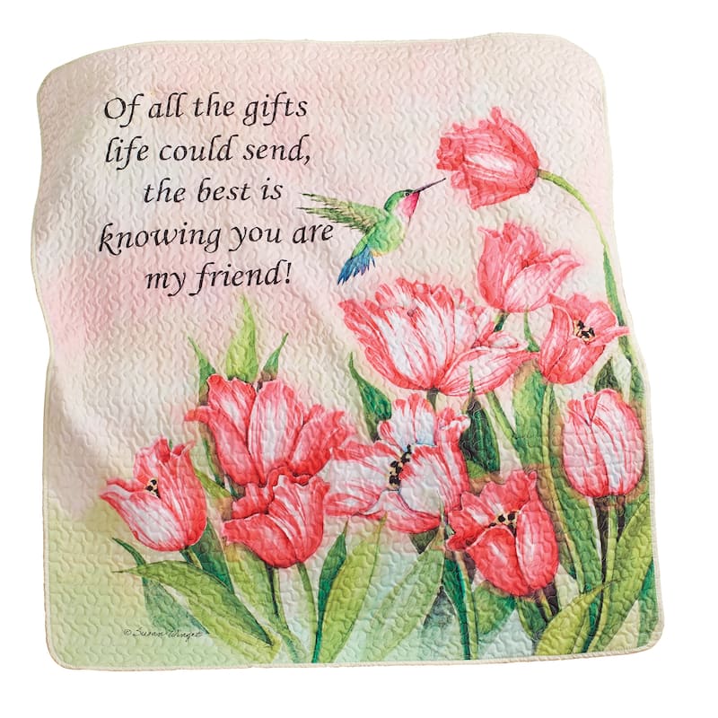 My Friend Tulips and Hummingbird Quilted Throw Blanket