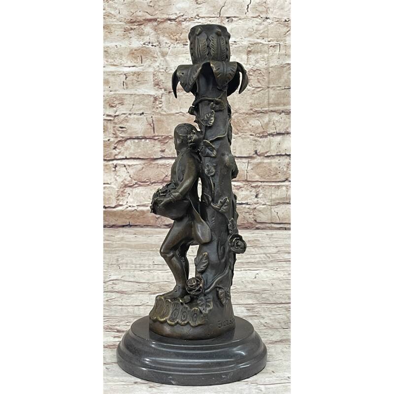 Signed Original Evan Stone Colonial Man Holding Flower Bronze Candle Holder Statue