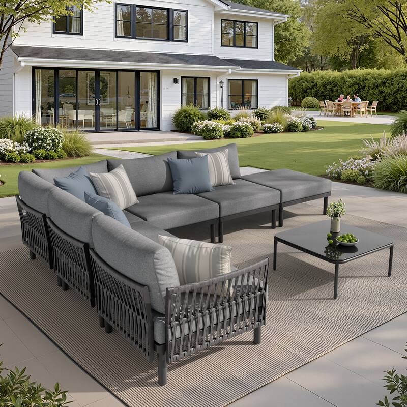 Outdoor Patio Aluminum PE Rattan Free Combination Sectional Sofa Conversation Seating Set - 6Seats - LightGrey