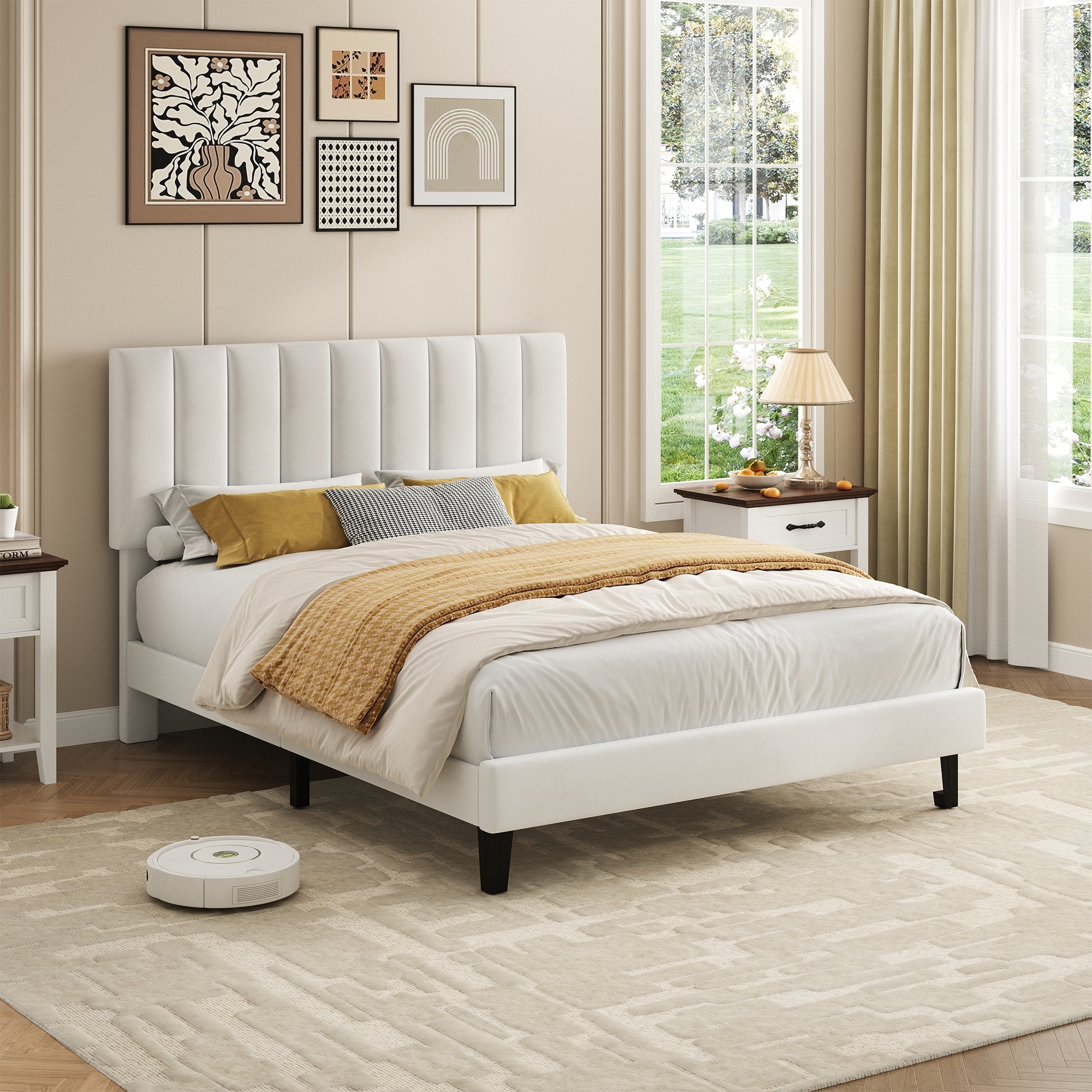 Bed Frame with Adjustable Velvet Upholstered Headboard, Vertical Channel Tufted Platform Bed Frame