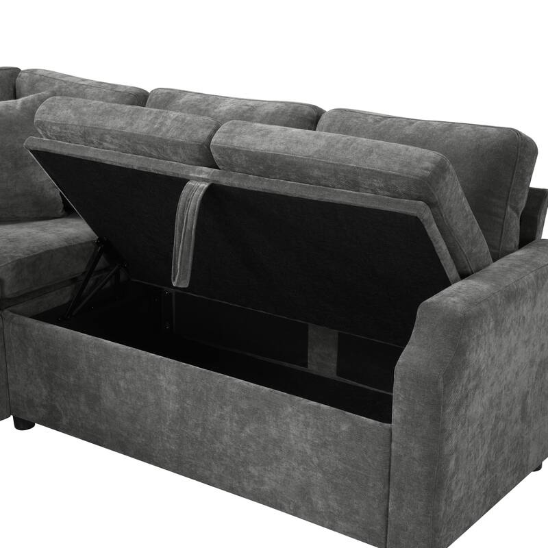 L-Shaped Sectional Upholstered Sleeper Sofa Convertible Pull-out Sofa Bed with Hidden Storage Space, Chenille Fabric