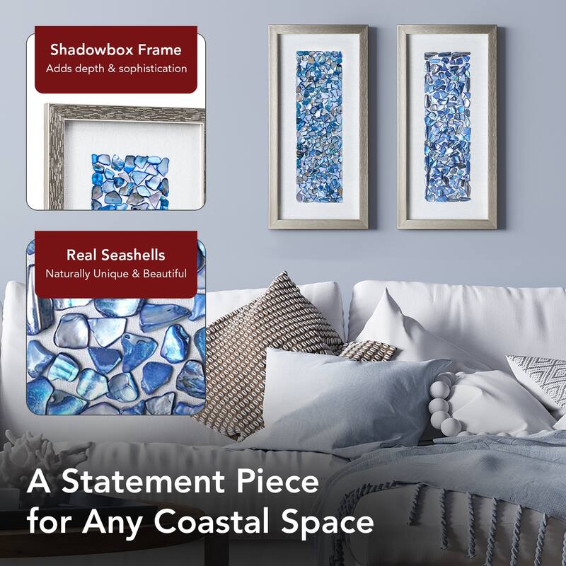 American Art Decor Blue Seashell Mosaic 3D Textured Wall Art, 2 Piece Set - Coastal Vertical Panels with Champagne Frame