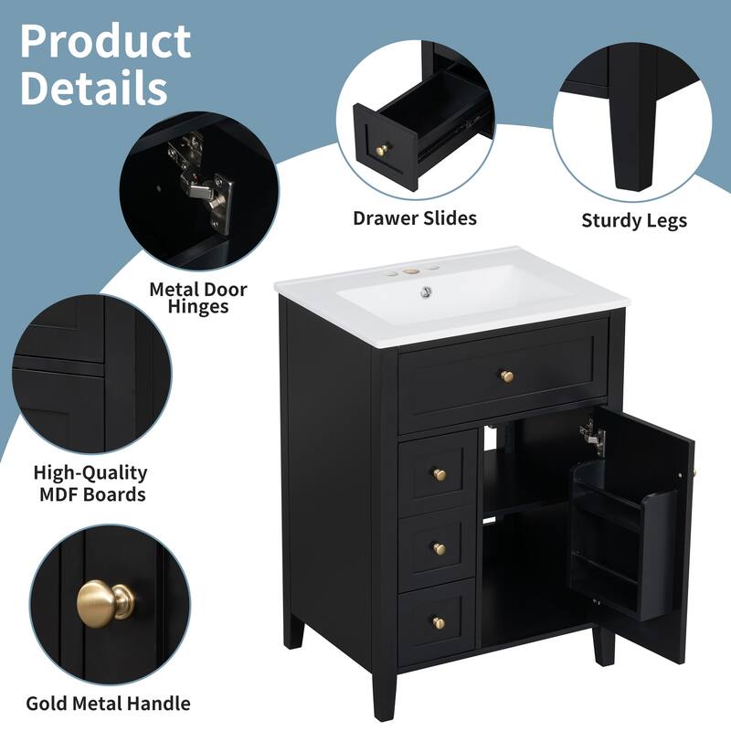 Roomfitters 24" Bathroom Vanity with Sink, Solid Wood Legs, 4 Drawers & Cabinet with Adjustable Shelf