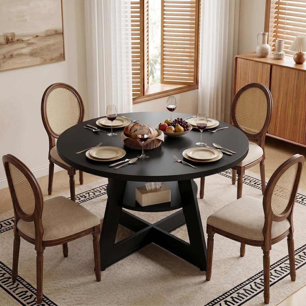 Bestier Round Wood Dining Table with Lower Storage Shelf, Modern X-Base 4-6 Person Farmhouse Kitchen Dinner Table
