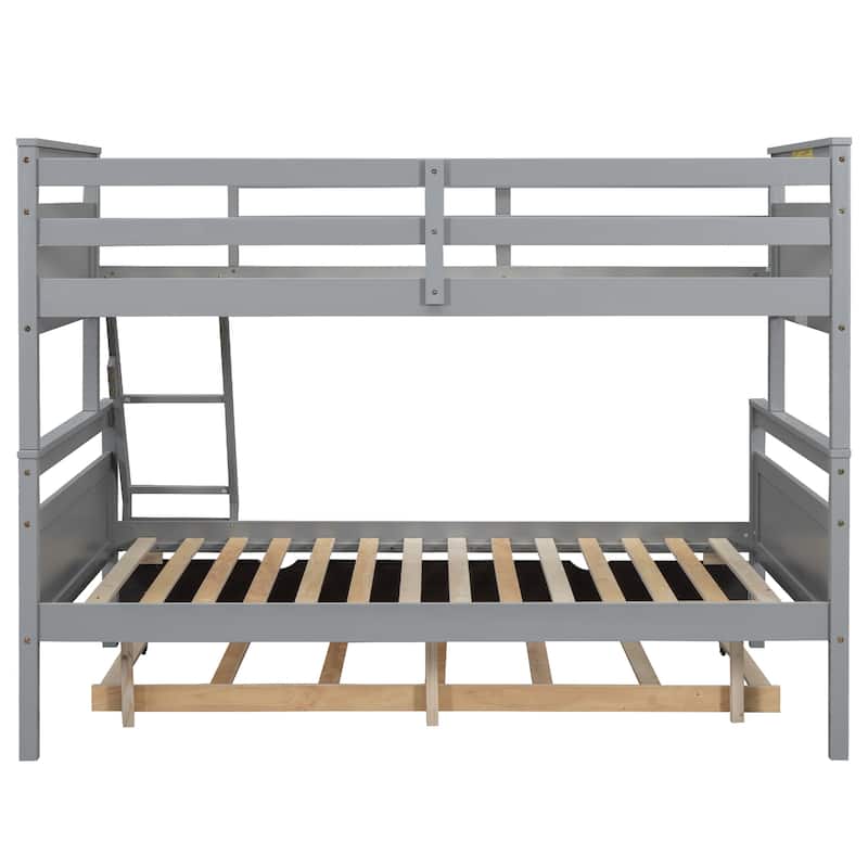 Gray Twin over Full Bunk Bed with Trundle and Guardrail