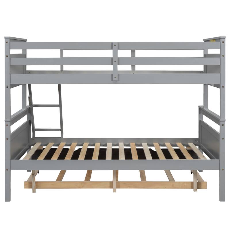 Twin over Full Bunk Bed with Ladder, Trundle, Safety Guardrail, Gray