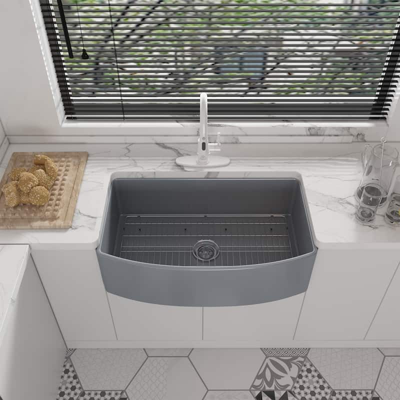 All-in-One Fireclay Curved Design Single Bowl Farmhouse/Apron-Front Kitchen Sink with Pull Down Kitchen Faucet and Accessories