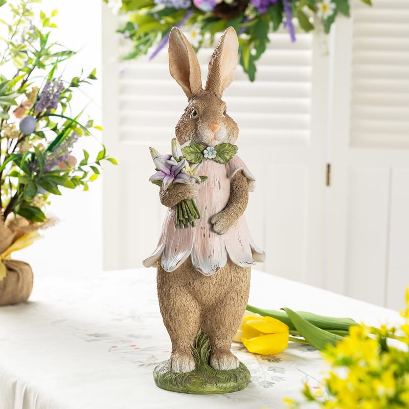 Glitzhome Easter Resin Bunny Boy Girl Table Decor with Flower Rabbit Figurine Ornaments