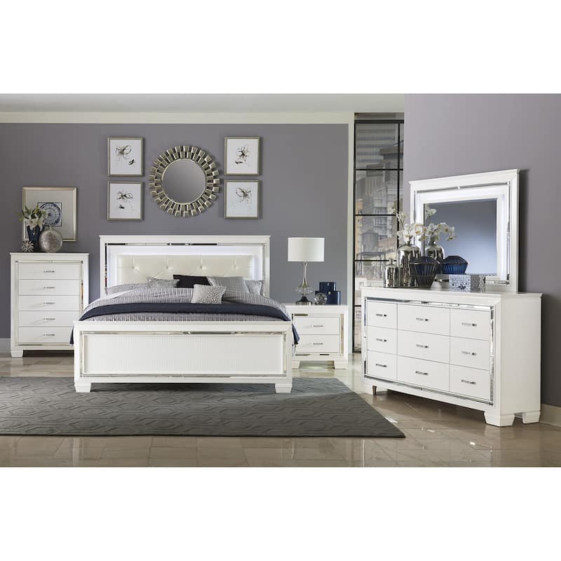 Queen Size Bed with LED Headboard, White Faux Leather, Alligator Embossed Design